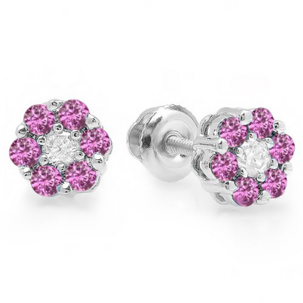 0.40 Carat (ctw) 14K White Gold Round Cut White Diamond & Pink Sapphire Ladies Cluster Flower Stud Earrings