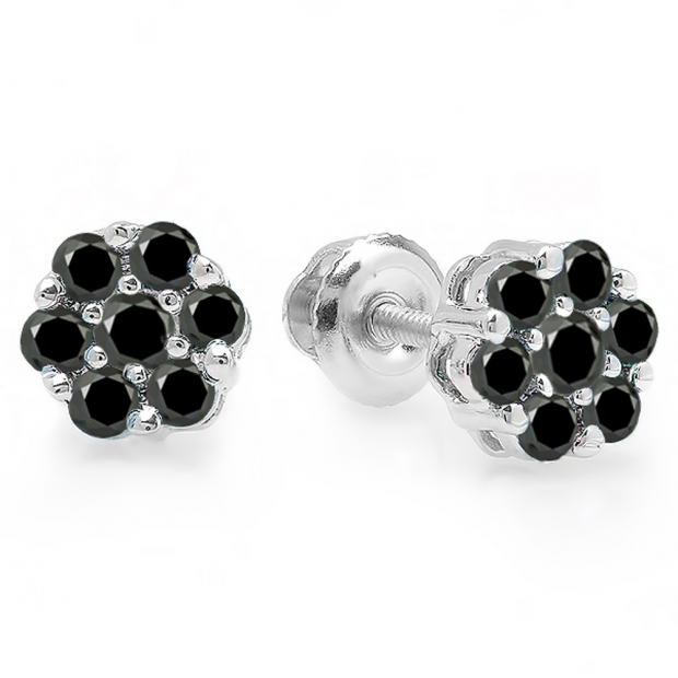 0.40 Carat (ctw) 10K White Gold Round Cut Black Diamond Ladies Cluster Flower Stud Earrings