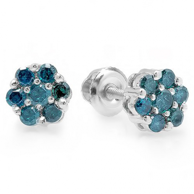 0.40 Carat (ctw) 18K White Gold Round Cut Blue Diamond Ladies Cluster Flower Stud Earrings