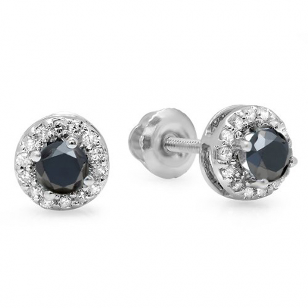 0.45 Carat (ctw) 14K White Gold Round Black & White Diamond Ladies Halo Style Stud Earrings 1/2 CT