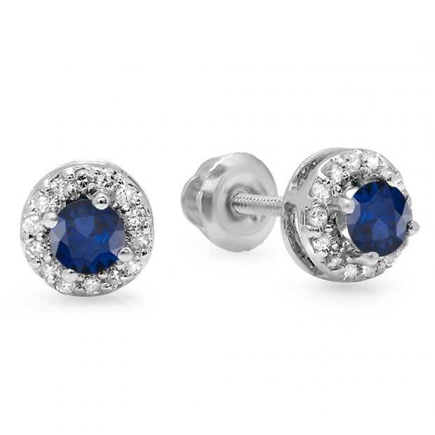 0.45 Carat (ctw) 14K White Gold Round Blue Sapphire & White Diamond Ladies Halo Style Stud Earrings 1/2 CT