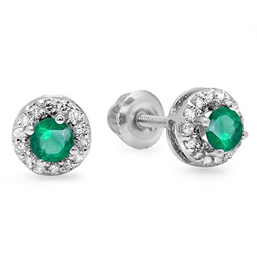 0.45 Carat (ctw) 18K White Gold Round Green Emerald & White Diamond Ladies Halo Style Stud Earrings 1/2 CT