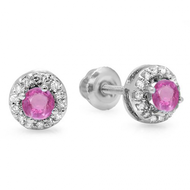 0.45 Carat (ctw) 18K White Gold Round Pink Sapphire & White Diamond Ladies Halo Style Stud Earrings 1/2 CT