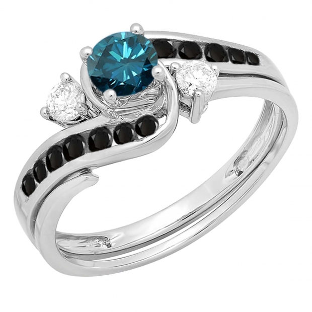 0.90 Carat (ctw) 14K White Gold Round Blue Black & White Diamond Ladies Swirl Bridal Engagement Ring Matching Band Set