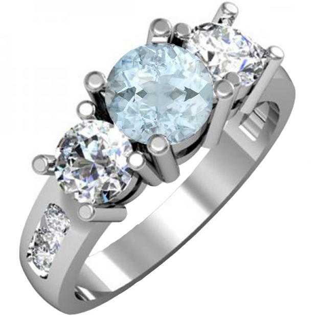 2.00 Carat (ctw) 14K White Gold Round Aquamarine & Diamond Ladies 3 Stone Engagement Bridal Ring 2 CT