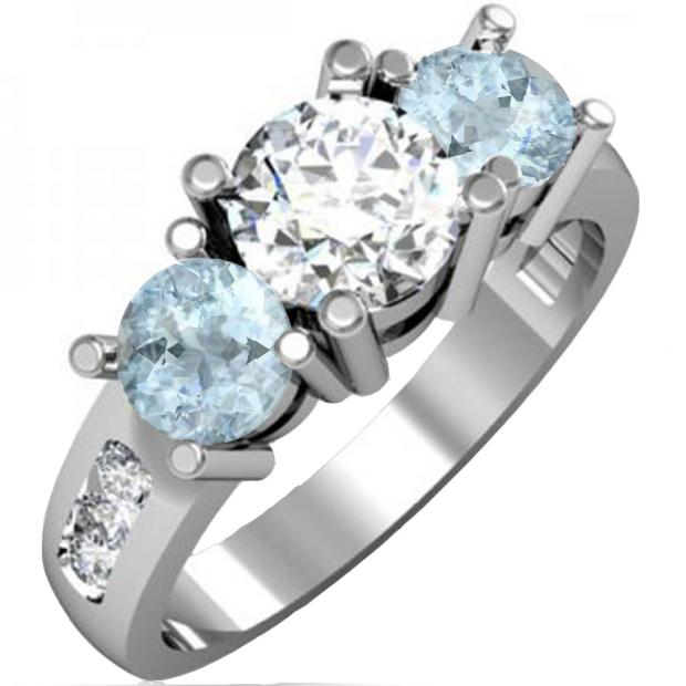 2.00 Carat (ctw) 14K White Gold Round Aquamarine & Diamond Ladies 3 Stone Engagement Bridal Ring 2 CT