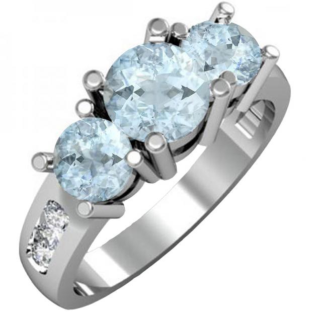 1.90 Carat (ctw) 10K White Gold Round Aquamarine & Diamond Ladies 3 Stone Engagement Bridal Ring