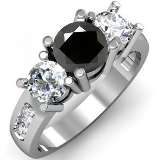2.00 Carat (ctw) 10K White Gold Round Black & White Diamond Ladies 3 Stone Engagement Bridal Ring 2 CT