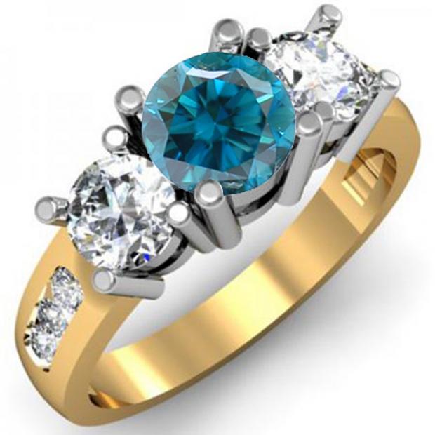2.00 Carat (ctw) 10K Yellow Gold Round Blue & White Diamond Ladies 3 Stone Engagement Bridal Ring 2 CT