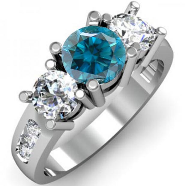 2.00 Carat (ctw) 14K White Gold Round Blue & White Diamond Ladies 3 Stone Engagement Bridal Ring 2 CT