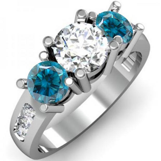 2.00 Carat (ctw) 14K White Gold Round Blue & White Diamond Ladies 3 Stone Engagement Bridal Ring 2 CT