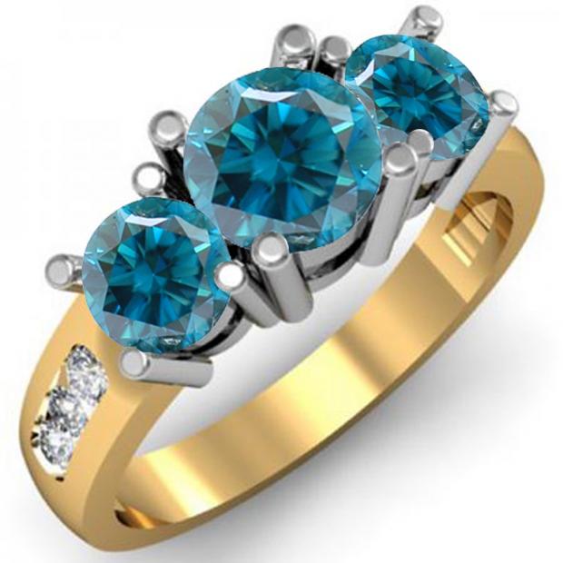 2.00 Carat (ctw) 10K Yellow Gold Round Blue & White Diamond Ladies 3 Stone Engagement Bridal Ring 2 CT