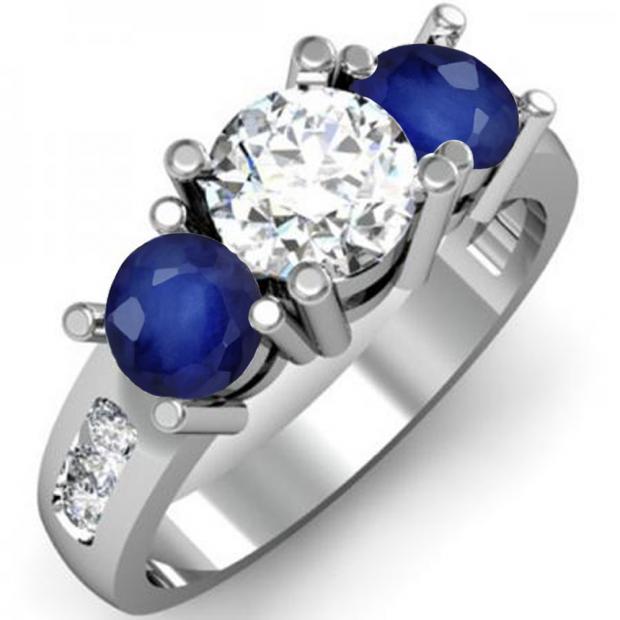 2.00 Carat (ctw) 18K White Gold Round Blue Sapphire & White Diamond Ladies 3 Stone Engagement Bridal Ring 2 CT
