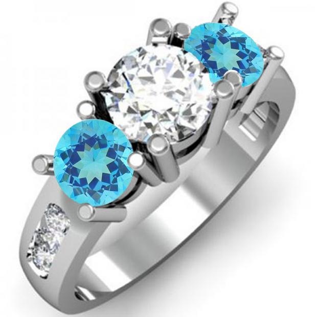 2.00 Carat (ctw) 14K White Gold Round Blue Topaz & White Diamond Ladies 3 Stone Engagement Bridal Ring 2 CT