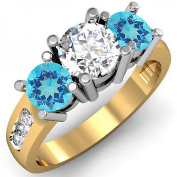2.00 Carat (ctw) 14K Yellow Gold Round Blue Topaz & White Diamond Ladies 3 Stone Engagement Bridal Ring 2 CT