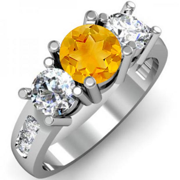 2.00 Carat (ctw) 14K White Gold Round Citrine & White Diamond Ladies 3 Stone Engagement Bridal Ring 2 CT