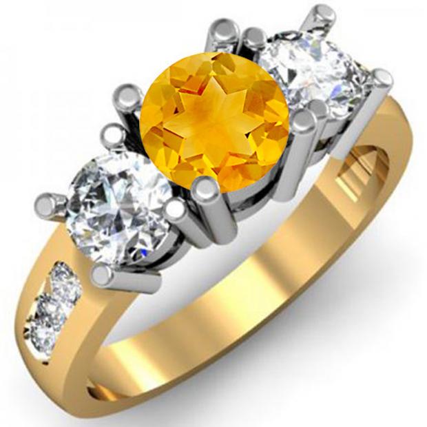 2.00 Carat (ctw) 14K Yellow Gold Round Citrine & White Diamond Ladies 3 Stone Engagement Bridal Ring 2 CT