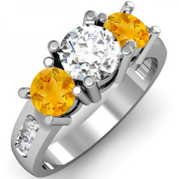 2.00 Carat (ctw) 14K White Gold Round Yellow Citrine & White Diamond Ladies 3 Stone Engagement Bridal Ring 2 CT