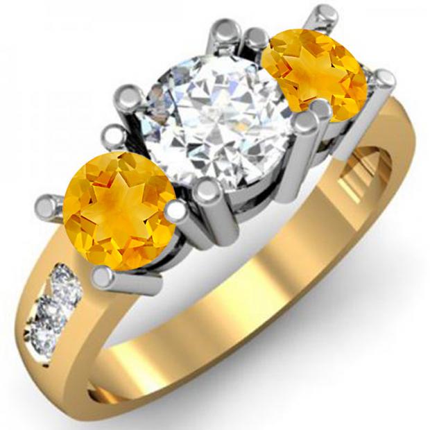 2.00 Carat (ctw) 14K Yellow Gold Round Yellow Citrine & White Diamond Ladies 3 Stone Engagement Bridal Ring 2 CT