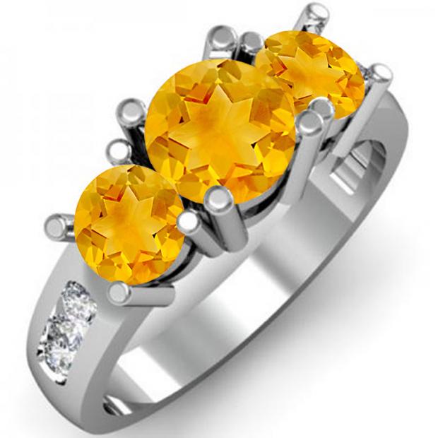 2.00 Carat (ctw) 14K White Gold Round Yellow Citrine & White Diamond Ladies 3 Stone Engagement Bridal Ring 2 CT