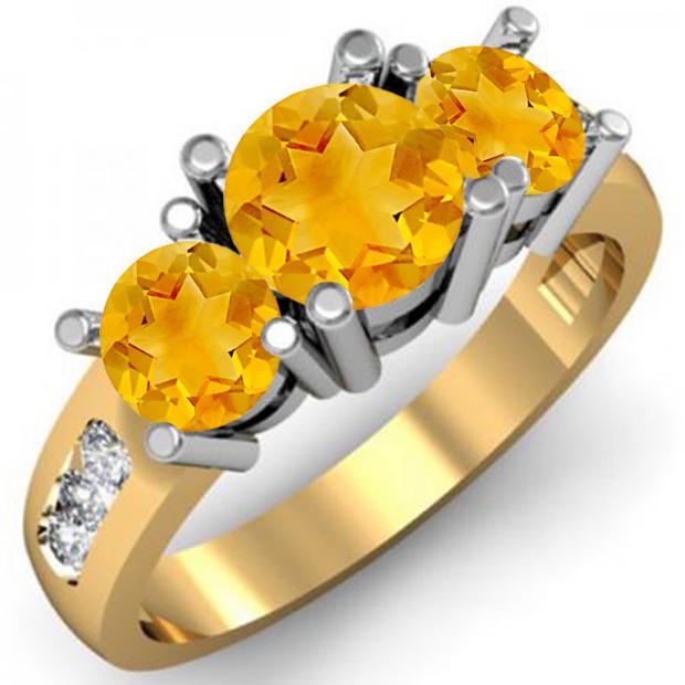2.00 Carat (ctw) 14K Yellow Gold Round Yellow Citrine & White Diamond Ladies 3 Stone Engagement Bridal Ring 2 CT