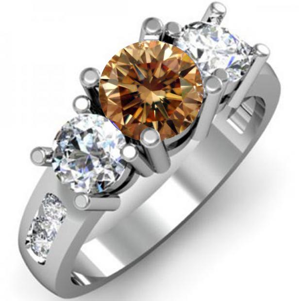 2.00 Carat (ctw) 10K White Gold Round Champagne & White Diamond Ladies 3 Stone Engagement Bridal Ring 2 CT
