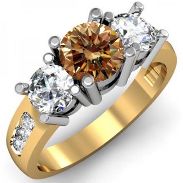2.00 Carat (ctw) 10K Yellow Gold Round Champagne & White Diamond Ladies 3 Stone Engagement Bridal Ring 2 CT