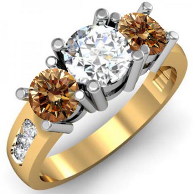 2.00 Carat (ctw) 14K Yellow Gold Round Champagne & White Diamond Ladies 3 Stone Engagement Bridal Ring 2 CT