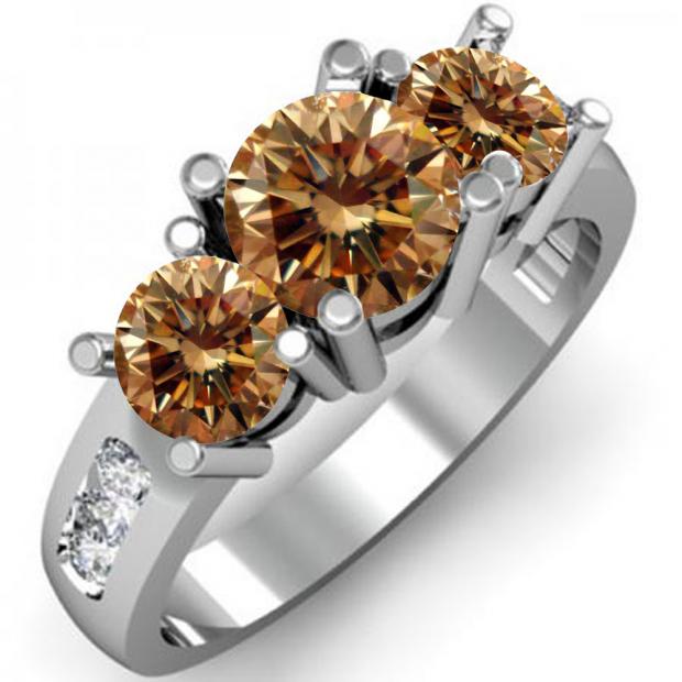 2.00 Carat (ctw) 10K White Gold Round Champagne & White Diamond Ladies 3 Stone Engagement Bridal Ring 2 CT