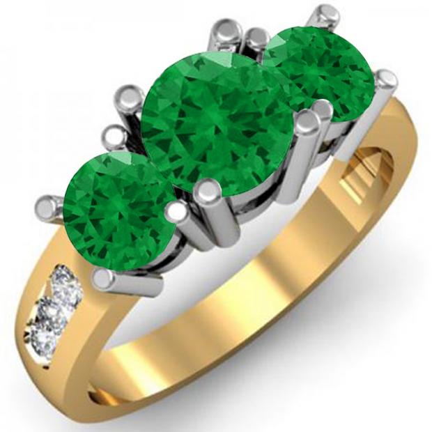 2.00 Carat (ctw) 10K Yellow Gold Round Green Emerald & White Diamond Ladies 3 Stone Engagement Bridal Ring 2 CT