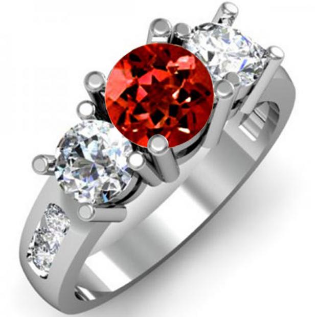 2.00 Carat (ctw) 14K White Gold Round Red Garnet & White Diamond Ladies 3 Stone Engagement Bridal Ring 2 CT