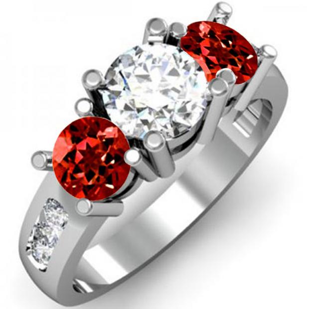 2.00 Carat (ctw) 14K White Gold Round Red Garnet & White Diamond Ladies 3 Stone Engagement Bridal Ring 2 CT