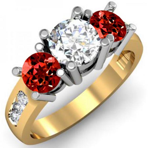 2.00 Carat (ctw) 14K Yellow Gold Round Red Garnet & White Diamond Ladies 3 Stone Engagement Bridal Ring 2 CT