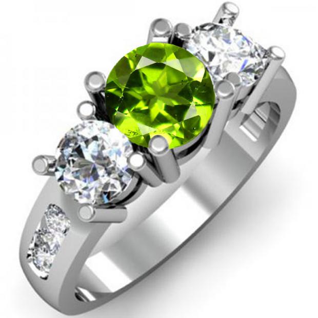 2.00 Carat (ctw) 14K White Gold Round Green Peridot & White Diamond Ladies 3 Stone Engagement Bridal Ring 2 CT