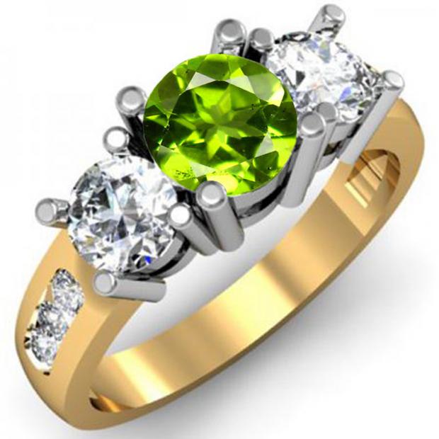 2.00 Carat (ctw) 14K Yellow Gold Round Green Peridot & White Diamond Ladies 3 Stone Engagement Bridal Ring 2 CT