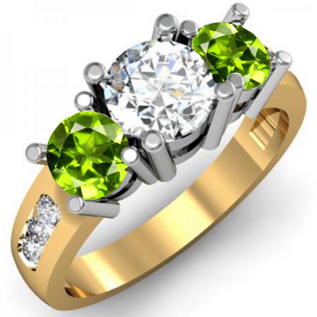 2.00 Carat (ctw) 14K Yellow Gold Round Green Peridot & White Diamond Ladies 3 Stone Engagement Bridal Ring 2 CT
