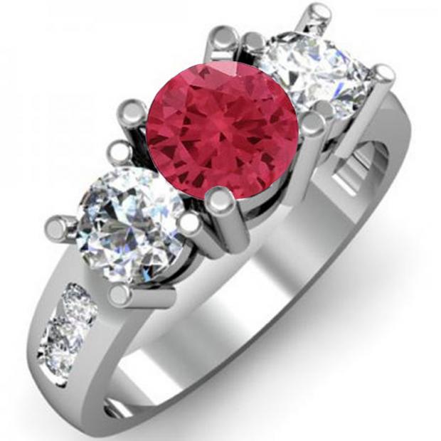 2.00 Carat (ctw) 10K White Gold Round Red Ruby & White Diamond Ladies 3 Stone Engagement Bridal Ring 2 CT