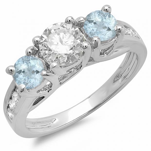 2.00 Carat (ctw) 14K White Gold Round Cut Aquamarine & Diamond Ladies 3 Stone Engagement Bridal Ring 2 CT
