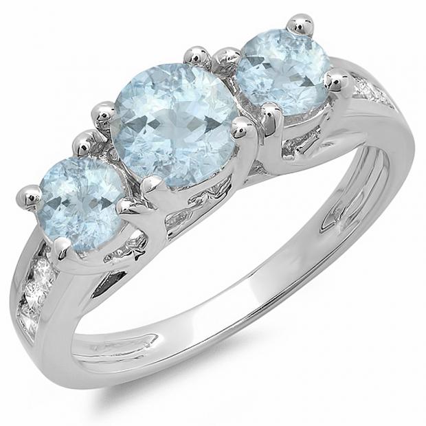 2.00 Carat (ctw) 10K White Gold Round Aquamarine & Diamond Ladies 3 Stone Engagement Bridal Ring 2 CT