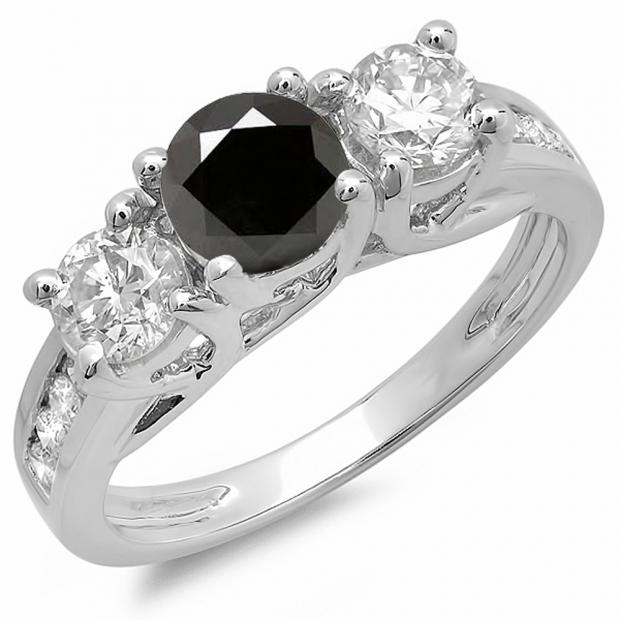 2.00 Carat (ctw) 10K White Gold Round Black & White Diamond Ladies 3 Stone Engagement Bridal Ring 2 CT