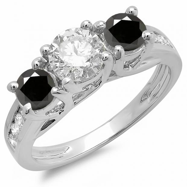 2.00 Carat (ctw) 14K White Gold Round Black & White Diamond Ladies 3 Stone Engagement Bridal Ring 2 CT