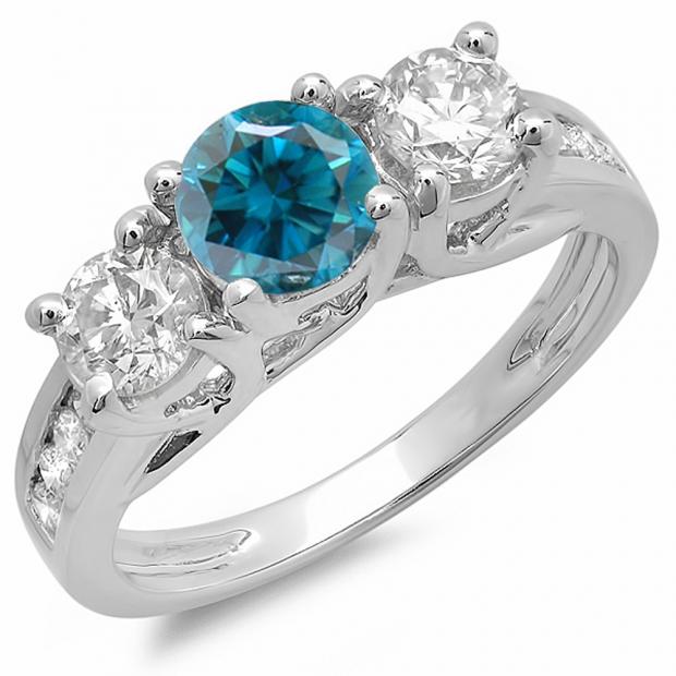 2.00 Carat (ctw) 14K White Gold Round Blue & White Diamond Ladies 3 Stone Engagement Bridal Ring 2 CT