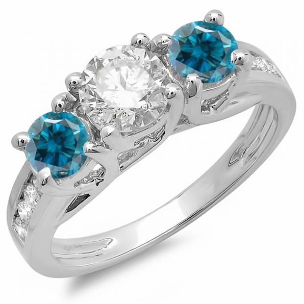 2.00 Carat (ctw) 14K White Gold Round Blue & White Diamond Ladies 3 Stone Engagement Bridal Ring 2 CT