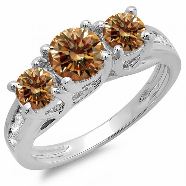2.00 Carat (ctw) 10K White Gold Round Cut Champagne & White Diamond Ladies Bridal 3 Stone Engagement Ring 2 CT