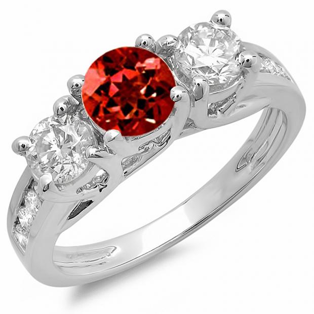 2.00 Carat (ctw) 14K White Gold Round Cut Red Garnet & White Diamond Ladies Bridal 3 Stone Engagement Ring 2 CT