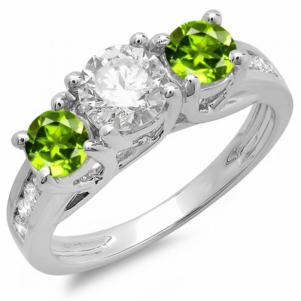 2.00 Carat (ctw) 14K White Gold Round Cut Green Peridot & White Diamond Ladies Bridal 3 Stone Engagement Ring 2 CT