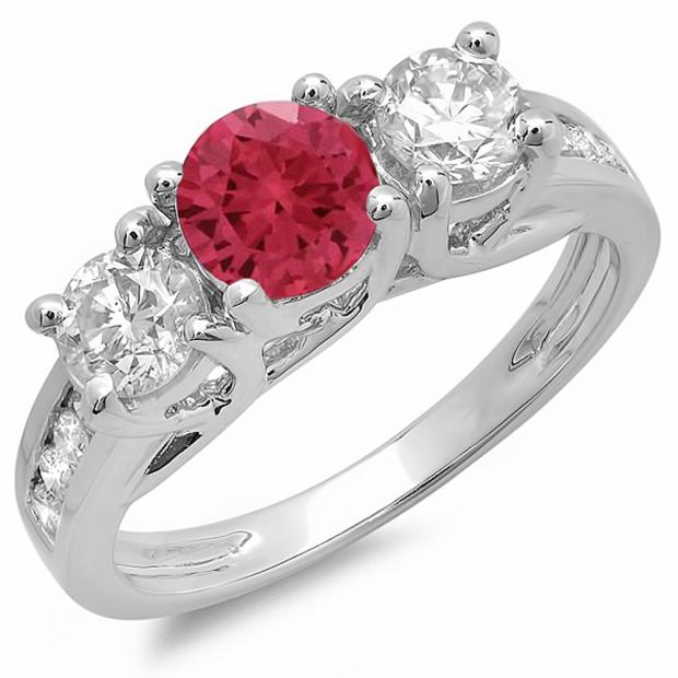 2.00 Carat (ctw) 14K White Gold Round Cut Red Ruby & White Diamond Ladies Bridal 3 Stone Engagement Ring 2 CT