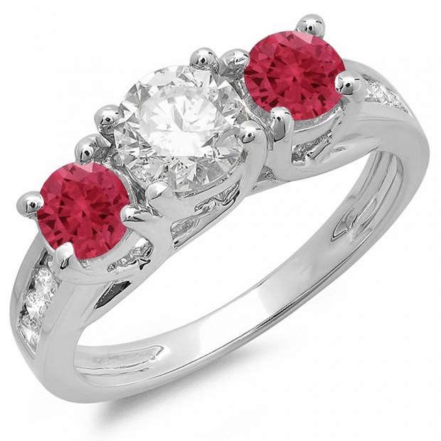 2.00 Carat (ctw) 14K White Gold Round Cut Red Ruby & White Diamond Ladies Bridal 3 Stone Engagement Ring 2 CT