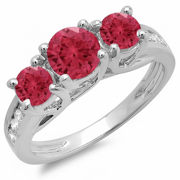 2.00 Carat (ctw) 14K White Gold Round Cut Red Ruby & White Diamond Ladies Bridal 3 Stone Engagement Ring 2 CT