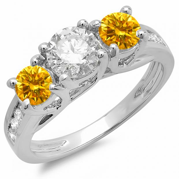 2.00 Carat (ctw) 10K White Gold Round Cut Yellow & White Diamond Ladies Bridal 3 Stone Engagement Ring 2 CT